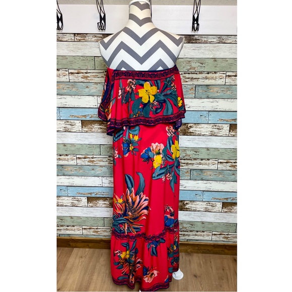Flying Tomato Women's Maxi Dress Size S Red Multi Floral Off-The-Shoulder Ruffle - Picture 4 of 5